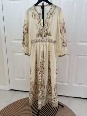 max studio london linen dress Max Studio London Womens Printed Bishop Sleeve Midi Dress Tan L at Amazon Women's Clothing store